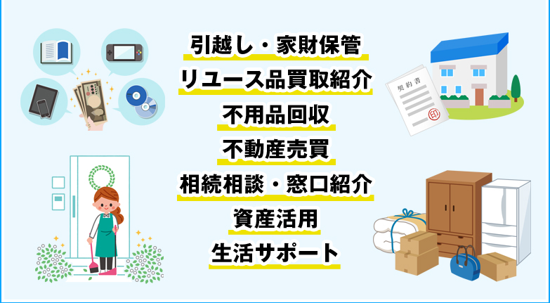 引越し・家財保管 リユース品買取紹介 不用品回収 不動産売買 相続相談・窓口紹介 資産活用 生活サポート